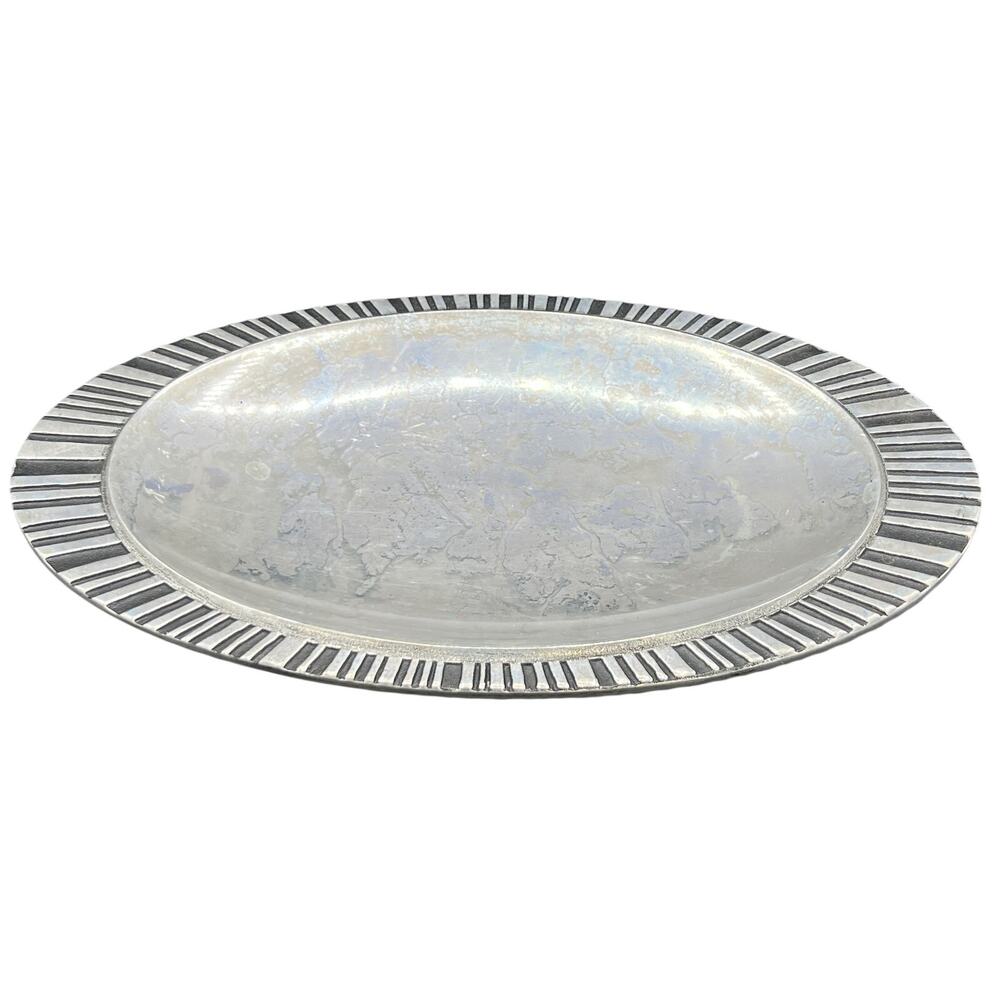 Silver Tone Oval Serving Platter Tray Ribbed Rim Mid-Century Style Entertaining